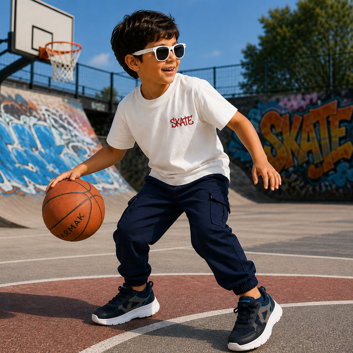 Kids Boys Combo Set with White Everyday Comfort Tshirt, Navy Cargo Trousers & Navy Sports Shoes