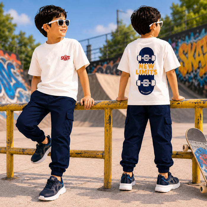 Kids Boys Combo Set with White Everyday Comfort Tshirt, Navy Cargo Trousers & Navy Sports Shoes