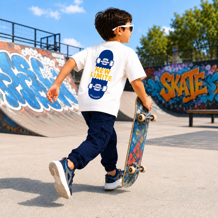 Kids Boys Combo Set with White Everyday Comfort Tshirt, Navy Cargo Trousers & Navy Sports Shoes