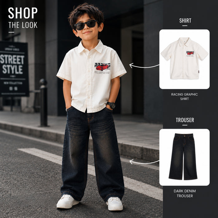 Kids Boys Combo Set with White Half Sleeves Shirt & Black Relaxed Fit Denim Jeans