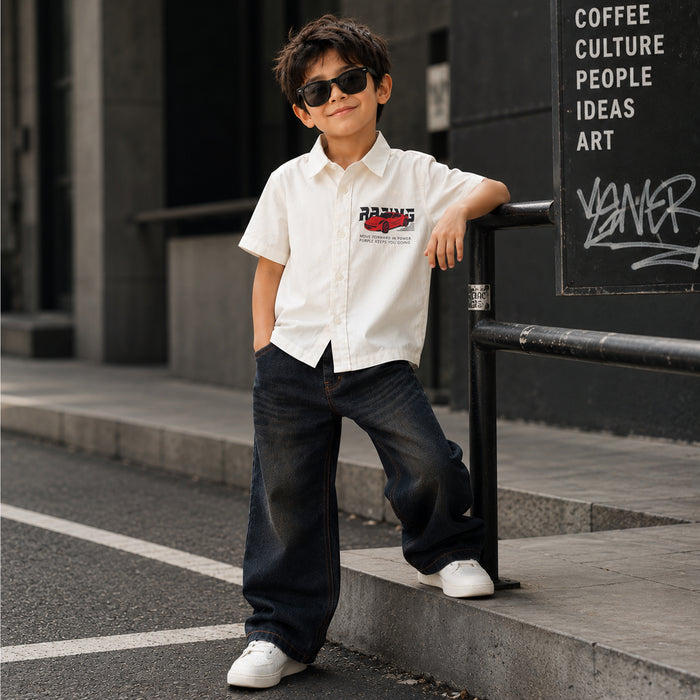 Kids Boys Combo Set with White Half Sleeves Shirt & Black Relaxed Fit Denim Jeans