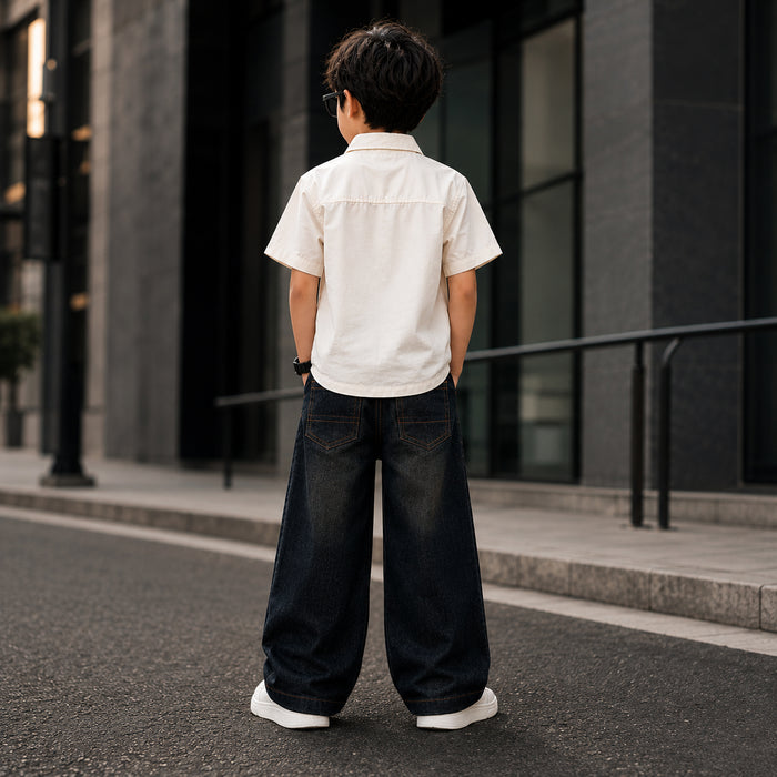 Kids Boys Combo Set with White Half Sleeves Shirt & Black Relaxed Fit Denim Jeans