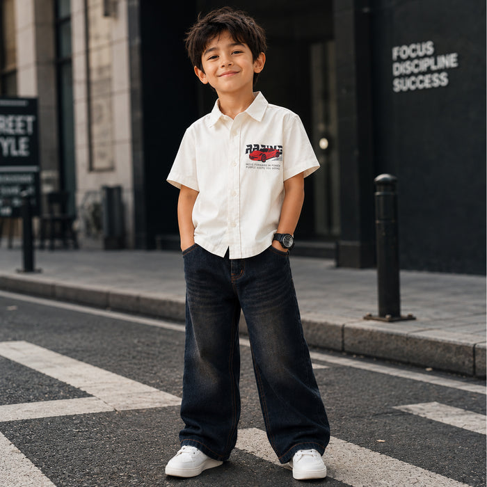Kids Boys Combo Set with White Half Sleeves Shirt & Black Relaxed Fit Denim Jeans