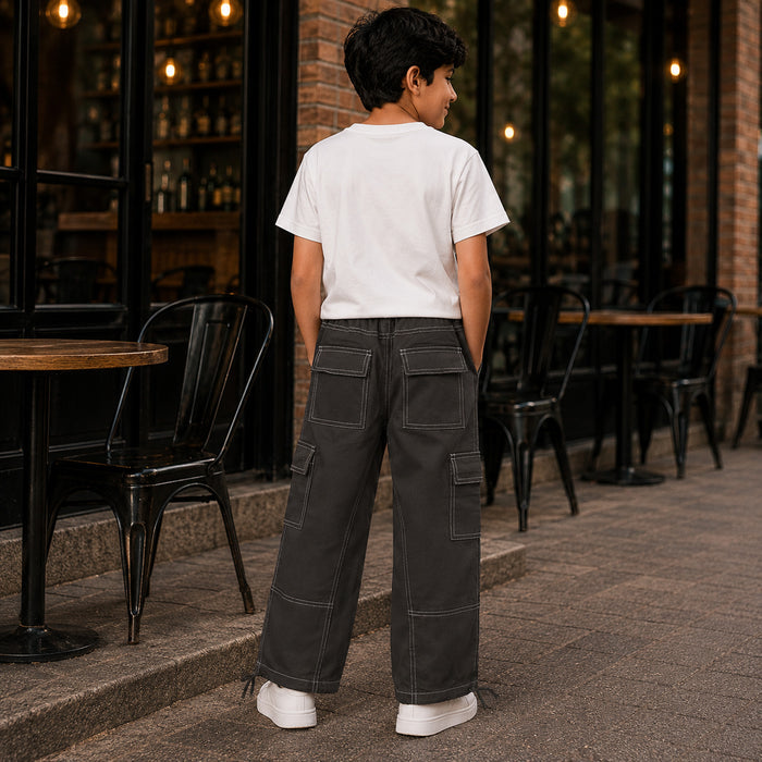 Kids Boys Combo Set with White Play-Ready Tshirt & Grey Utility Cargo Casual Trouser