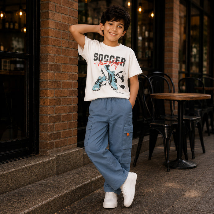 Kids Boys Combo Set with White Play-Ready Tshirt & Navy Blue Cargo Casual Style Trouser