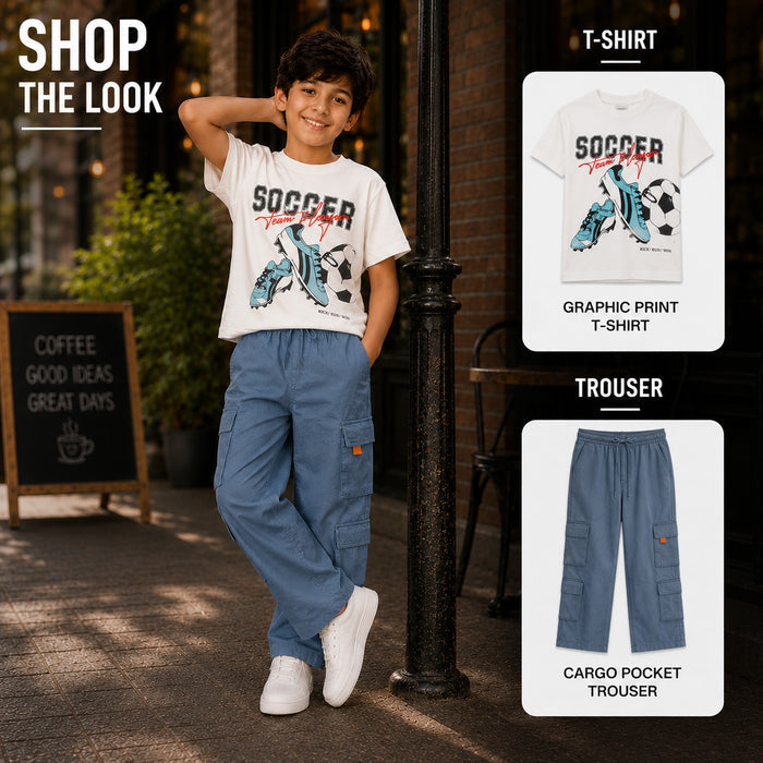 Kids Boys Combo Set with White Play-Ready Tshirt & Navy Blue Cargo Casual Style Trouser