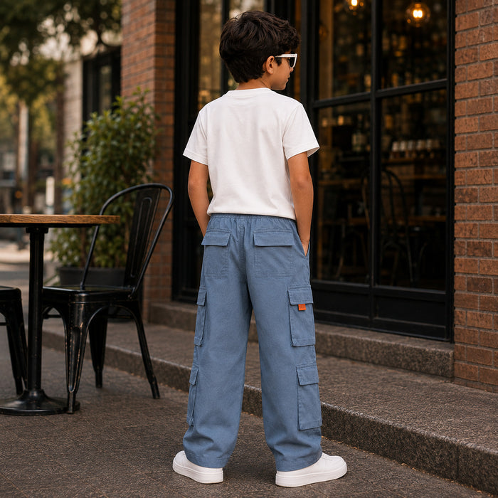 Kids Boys Combo Set with White Play-Ready Tshirt & Navy Blue Cargo Casual Style Trouser
