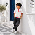 Kids Boys Combo Set with White Polo T-Shirt & Dark Grey Cargo Denim Jeans