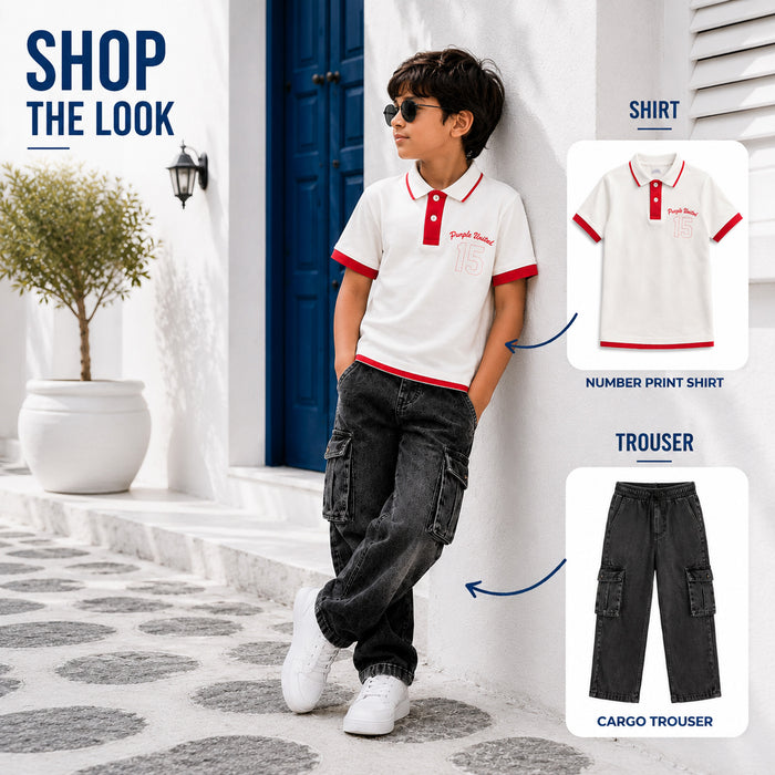 Kids Boys Combo Set with White Polo T-Shirt & Dark Grey Cargo Denim Jeans