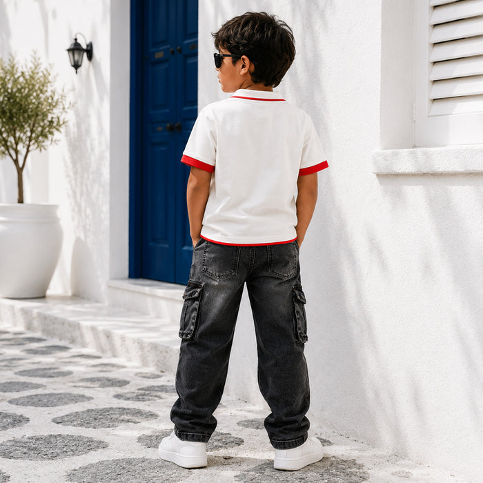 Kids Boys Combo Set with White Polo T-Shirt & Dark Grey Cargo Denim Jeans