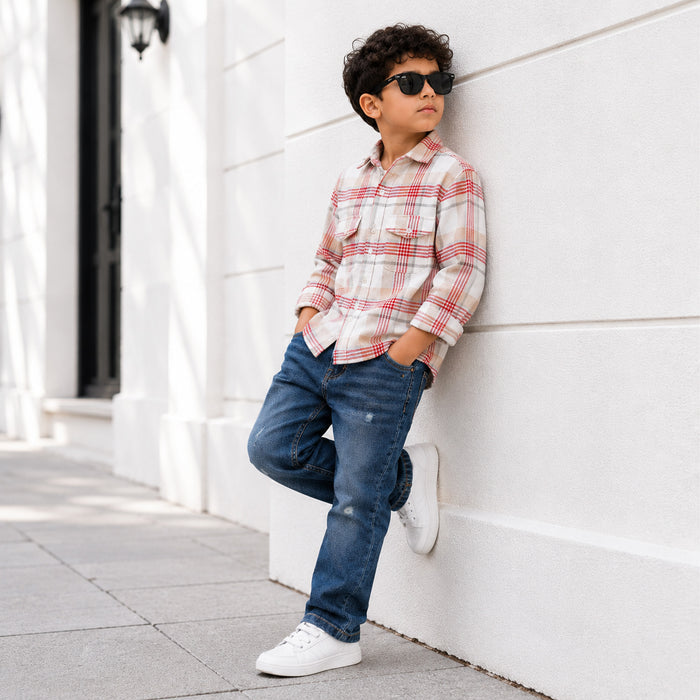 Kids Boys Combo Set with White Warm Checked Shirt & Dark Blue Distressed Casual Jeans