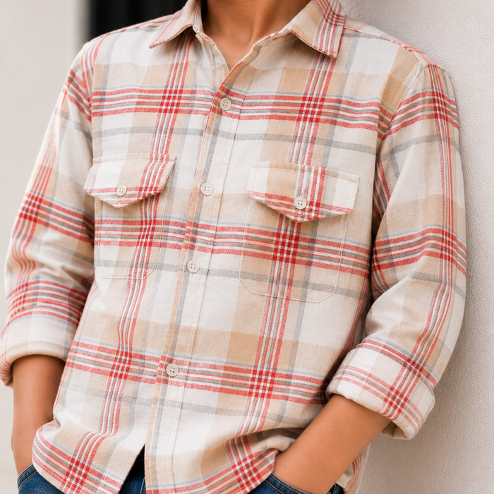 Kids Boys Combo Set with White Warm Checked Shirt & Dark Blue Distressed Casual Jeans