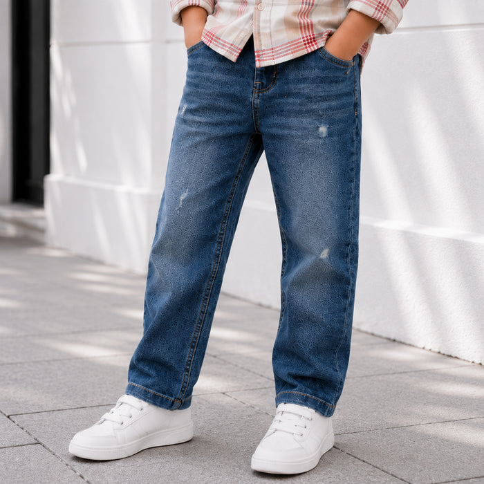 Kids Boys Combo Set with White Warm Checked Shirt & Dark Blue Distressed Casual Jeans