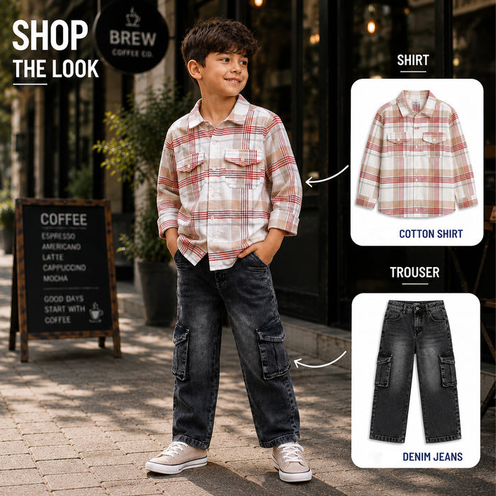 Kids Boys Combo Set with White Warm Checked Shirt & Dark Grey Cargo Casual Jeans