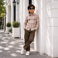 Kids Boys Combo Set with White Warm Checked Shirt & Olive Comfortable Cargo Casual Trouser