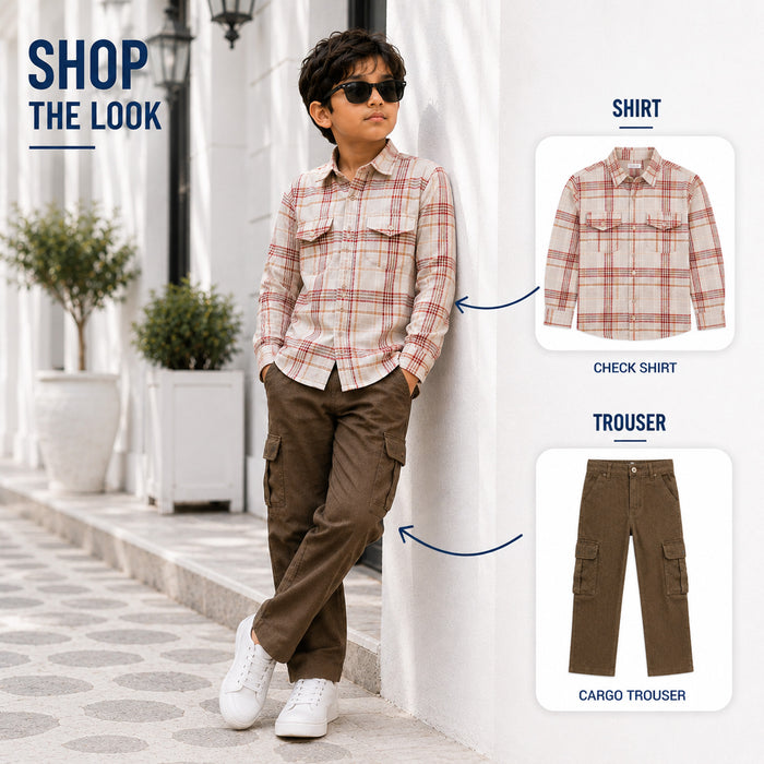 Kids Boys Combo Set with White Warm Checked Shirt & Olive Comfortable Cargo Casual Trouser