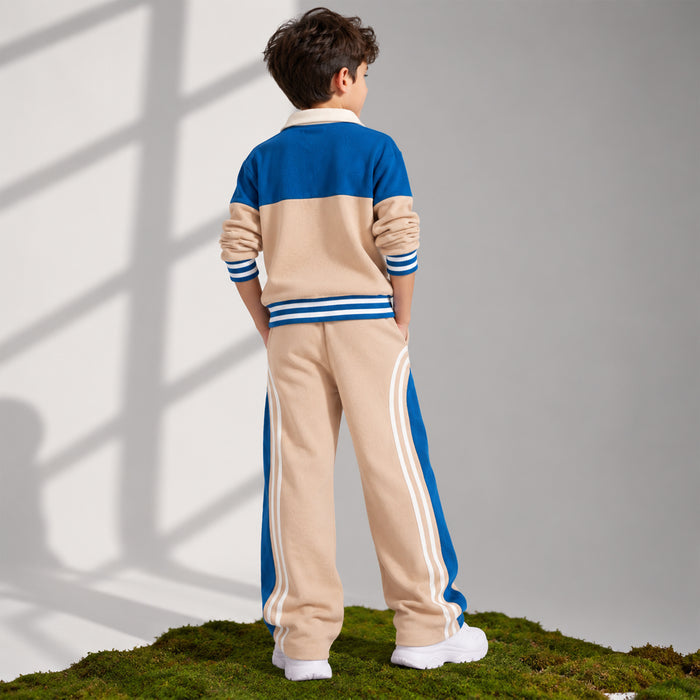 Kids Boys Coord Set in Beige with Warm Fabric Full-Zip Jacket & Drawstring Track Pants