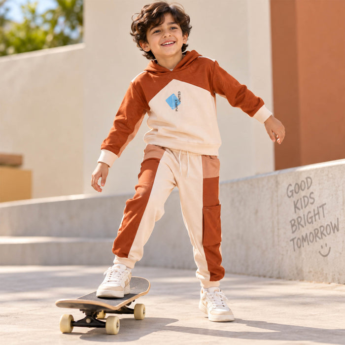 Kids Boys Coord Set in Brown with Warm Colourblock Hoodie & Elastic Fit Cargo Joggers
