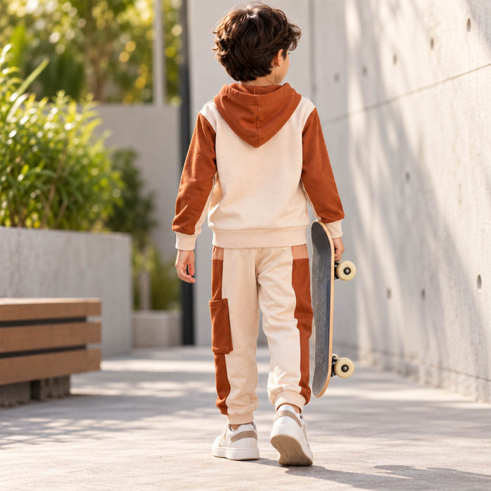 Kids Boys Coord Set in Brown with Warm Colourblock Hoodie & Elastic Fit Cargo Joggers