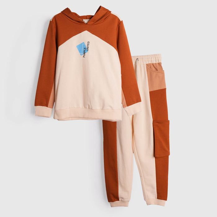 Kids Boys Coord Set in Brown with Warm Colourblock Hoodie & Elastic Fit Cargo Joggers