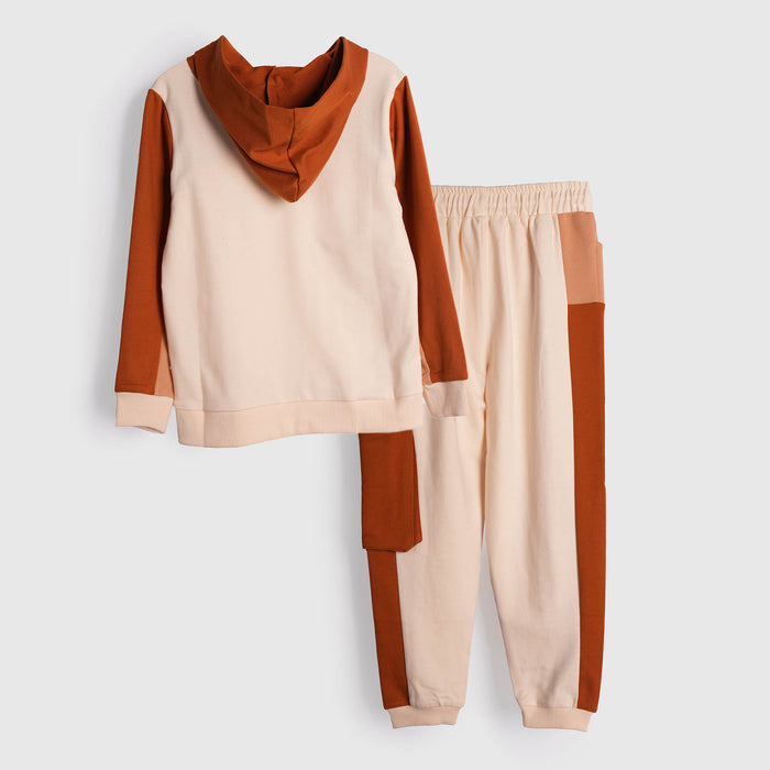 Kids Boys Coord Set in Brown with Warm Colourblock Hoodie & Elastic Fit Cargo Joggers