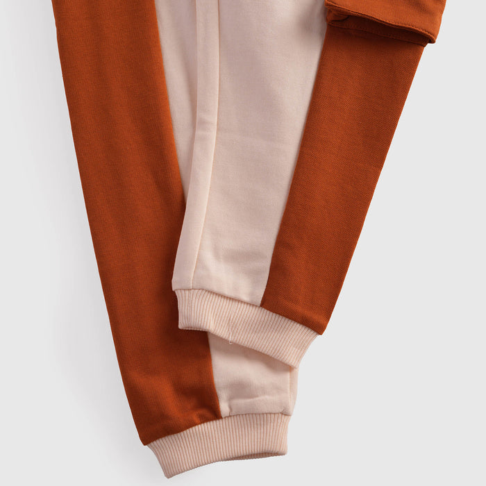 Kids Boys Coord Set in Brown with Warm Colourblock Hoodie & Elastic Fit Cargo Joggers