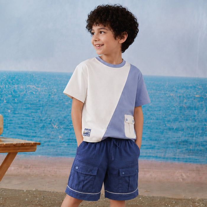 Kids Boys Coord Set in Dark Blue with Comfort Fabric Tshirt & Relaxed Fit Cargo Shorts
