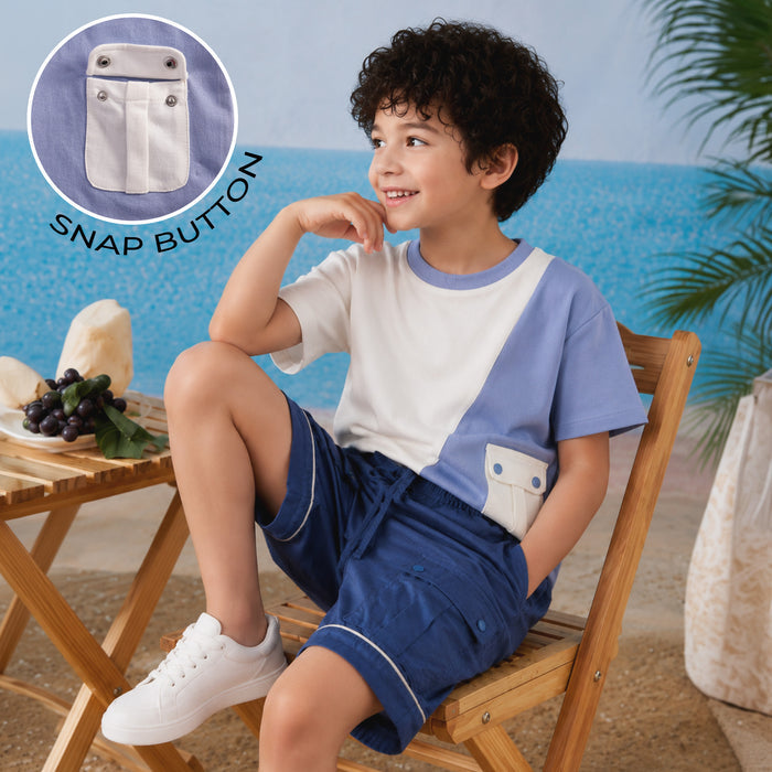 Kids Boys Coord Set in Dark Blue with Comfort Fabric Tshirt & Relaxed Fit Cargo Shorts