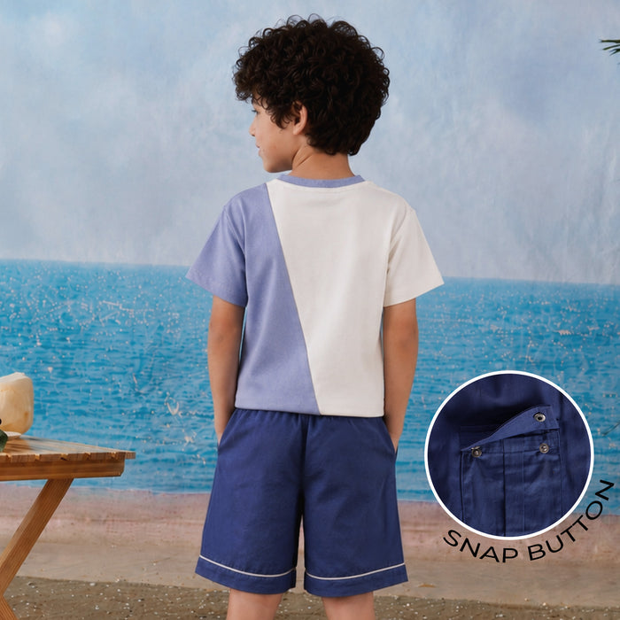 Kids Boys Coord Set in Dark Blue with Comfort Fabric Tshirt & Relaxed Fit Cargo Shorts