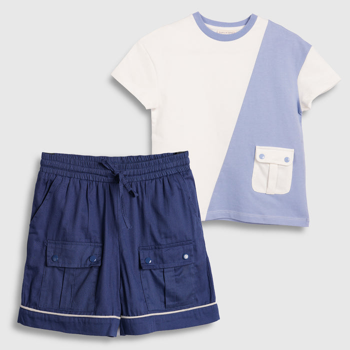 Kids Boys Coord Set in Dark Blue with Comfort Fabric Tshirt & Relaxed Fit Cargo Shorts