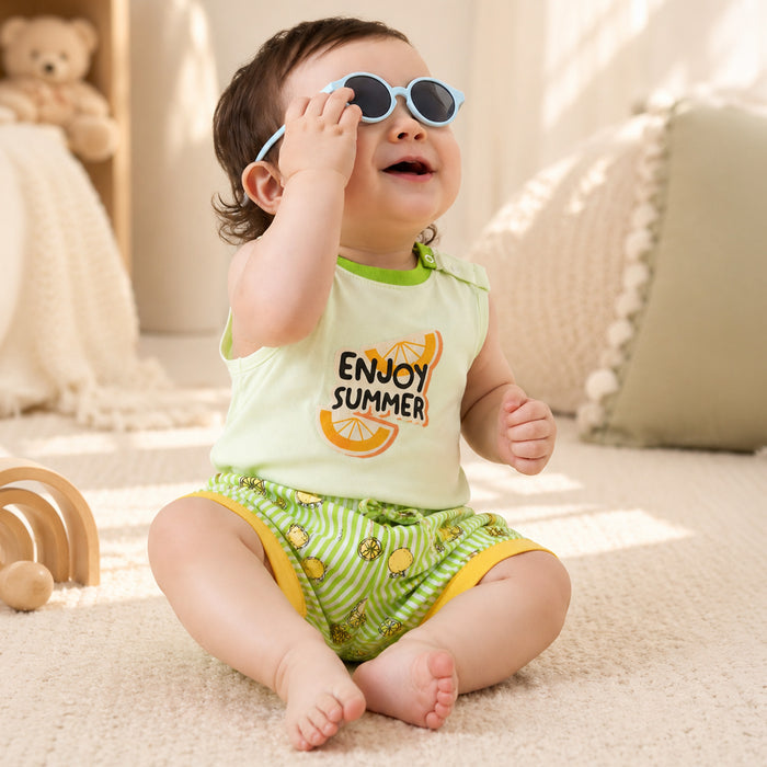 Kids Boys Coord Set in Green with Citrus Print Relaxed Shorts & Sleeveless Comfort Tshirt