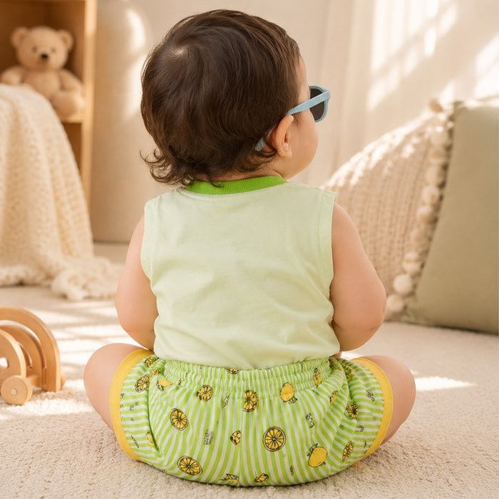 Kids Boys Coord Set in Green with Citrus Print Relaxed Shorts & Sleeveless Comfort Tshirt
