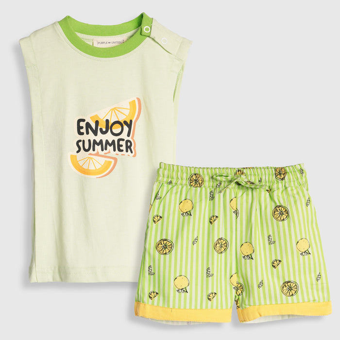 Kids Boys Coord Set in Green with Citrus Print Relaxed Shorts & Sleeveless Comfort Tshirt