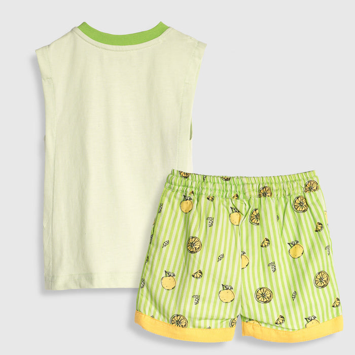 Kids Boys Coord Set in Green with Citrus Print Relaxed Shorts & Sleeveless Comfort Tshirt