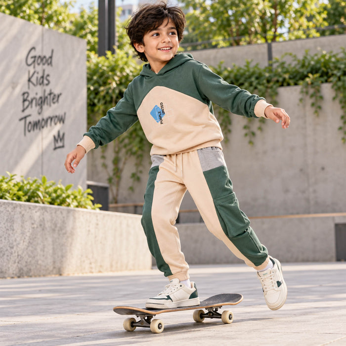Kids Boys Coord Set in Green with Warm Colourblock Hoodie & Elastic Fit Cargo Joggers