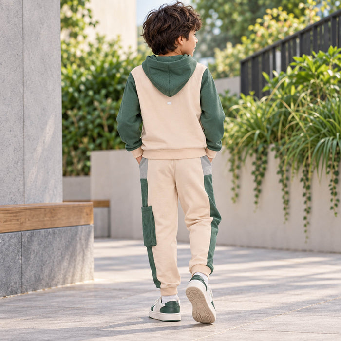 Kids Boys Coord Set in Green with Warm Colourblock Hoodie & Elastic Fit Cargo Joggers