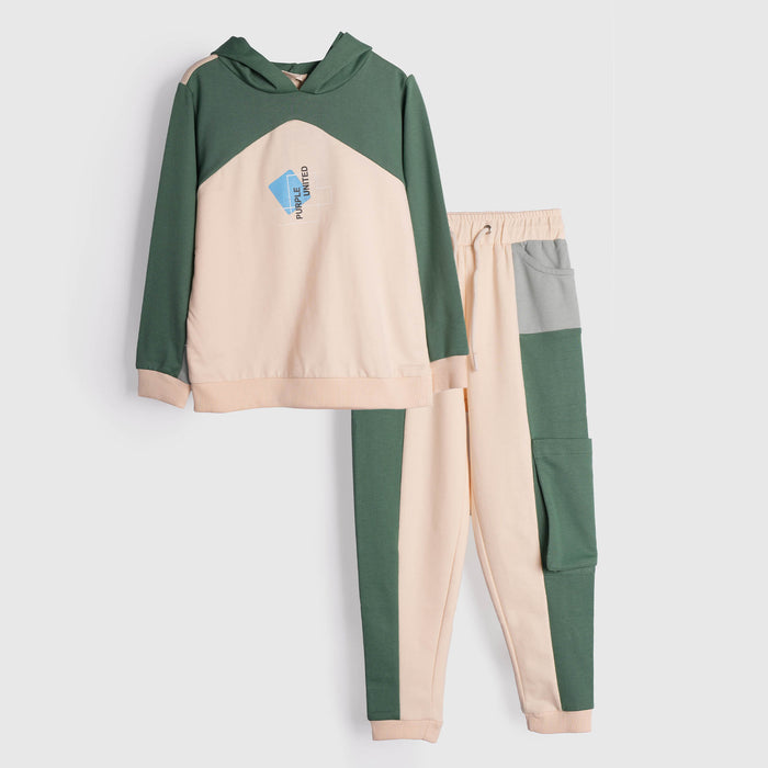 Kids Boys Coord Set in Green with Warm Colourblock Hoodie & Elastic Fit Cargo Joggers