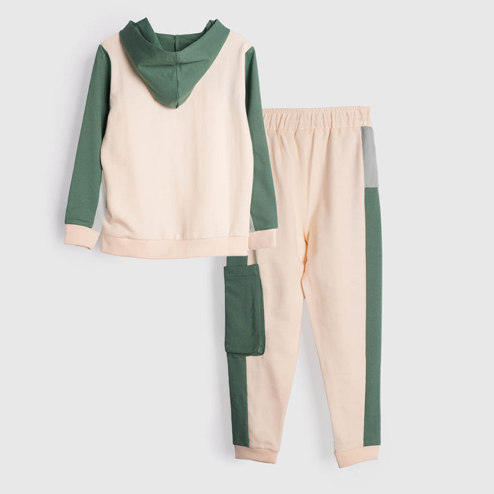 Kids Boys Coord Set in Green with Warm Colourblock Hoodie & Elastic Fit Cargo Joggers