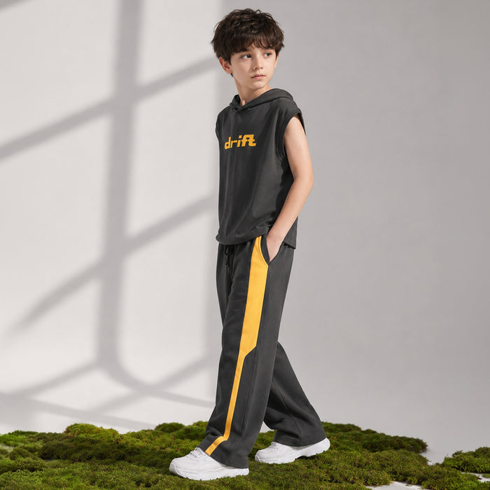 Kids Boys Coord Set in Grey with Hooded Tshirt & Wide-Leg Trousers, Perfect Comfort Wear