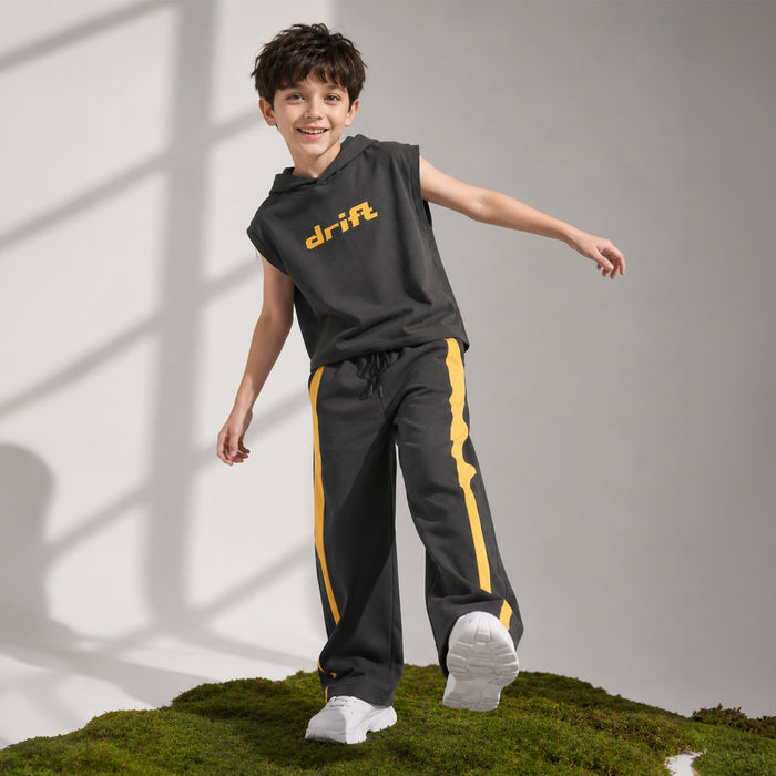 Kids Boys Coord Set in Grey with Hooded Tshirt & Wide-Leg Trousers, Perfect Comfort Wear