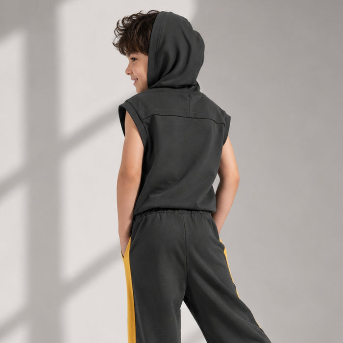 Kids Boys Coord Set in Grey with Hooded Tshirt & Wide-Leg Trousers, Perfect Comfort Wear