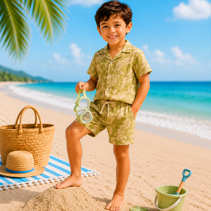 Kids Boys Coord Set in Light Green with Printed Soft Cotton Shirt & Shorts for Summer Wear