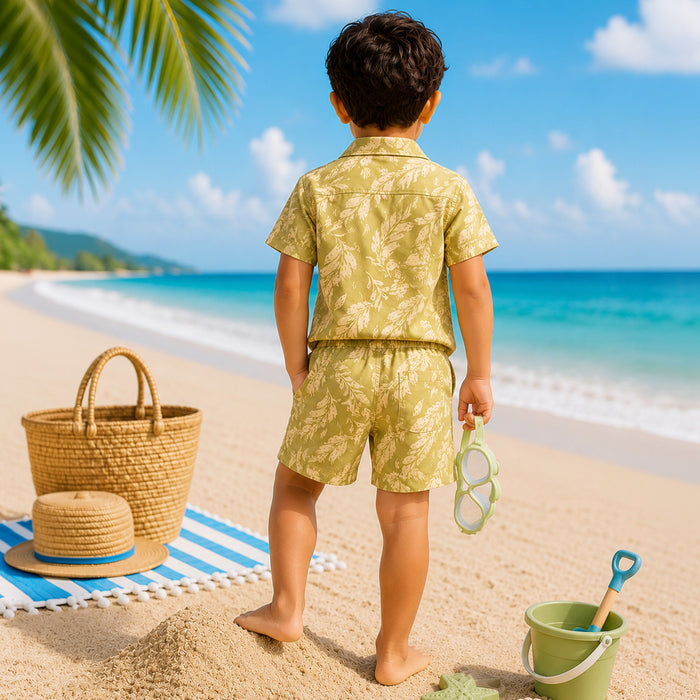 Kids Boys Coord Set in Light Green with Printed Soft Cotton Shirt & Shorts for Summer Wear