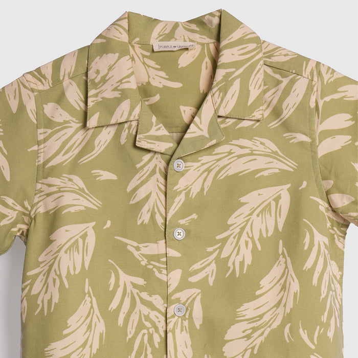 Kids Boys Coord Set in Light Green with Printed Soft Cotton Shirt & Shorts for Summer Wear