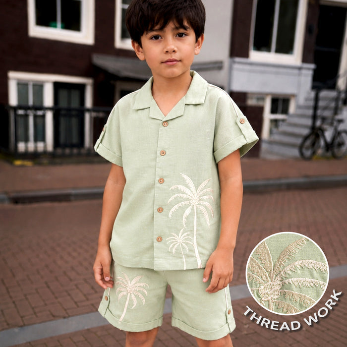 Kids Boys Coord Set in Light Olive with Tropical Embroidery, Textured Cotton Slub Shirt & Shorts