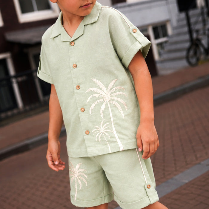 Kids Boys Coord Set in Light Olive with Tropical Embroidery, Textured Cotton Slub Shirt & Shorts
