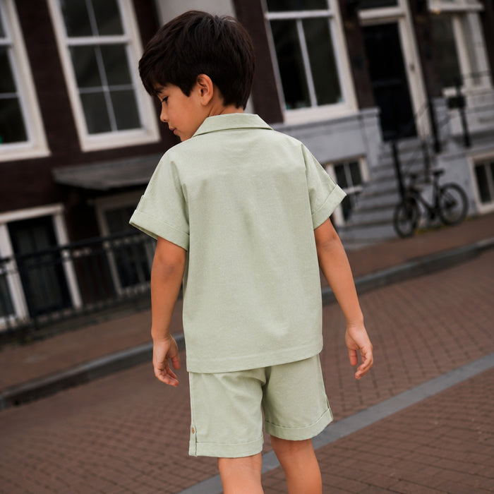 Kids Boys Coord Set in Light Olive with Tropical Embroidery, Textured Cotton Slub Shirt & Shorts