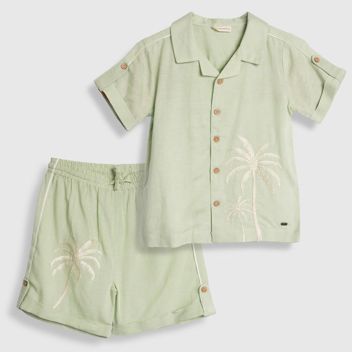 Kids Boys Coord Set in Light Olive with Tropical Embroidery, Textured Cotton Slub Shirt & Shorts