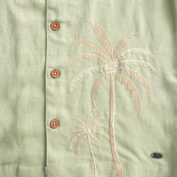 Kids Boys Coord Set in Light Olive with Tropical Embroidery, Textured Cotton Slub Shirt & Shorts