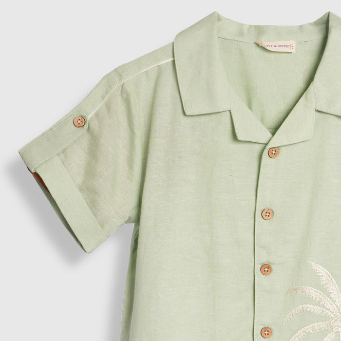 Kids Boys Coord Set in Light Olive with Tropical Embroidery, Textured Cotton Slub Shirt & Shorts